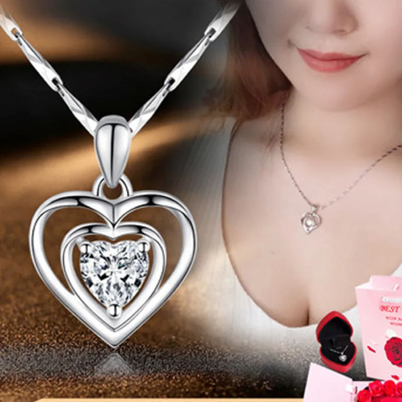 

Vintage Zircon Purple Double Heart Necklace For Women Jewelry Quality 925 Sterling Silver Girls Chain Clavicle Accessories Lady