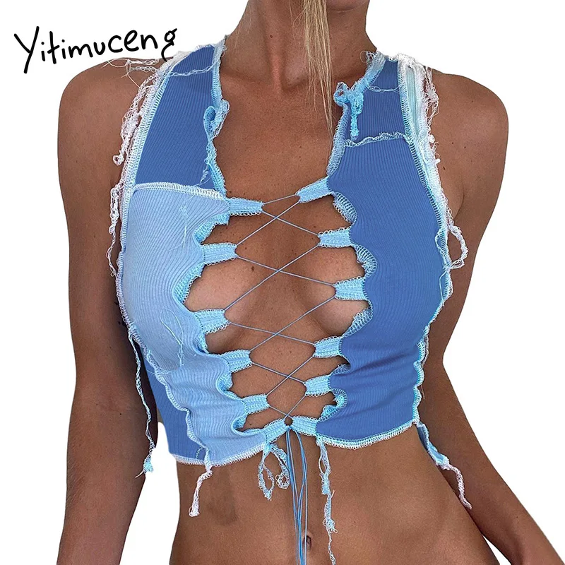 

Ytinuceng Patchwork Short Tank Tops Women Slim Sexy Club Crop Top 2021 Summer Fashion New Lace Up Wrap Chest Blue Vest Pullover