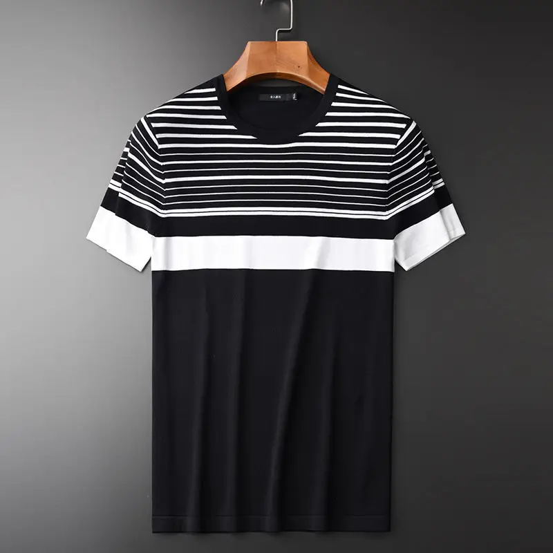 

Summer new contrast striped T-shirt short sleeve t-shirt men's round neck slim trend breathable handsome half sleeve sweater