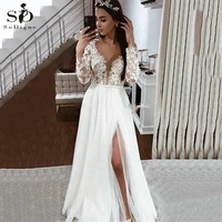 real photo wedding dress with long sleeves sexy deep v neck side slit lace appliques bridal dress wedding gowns free shipping