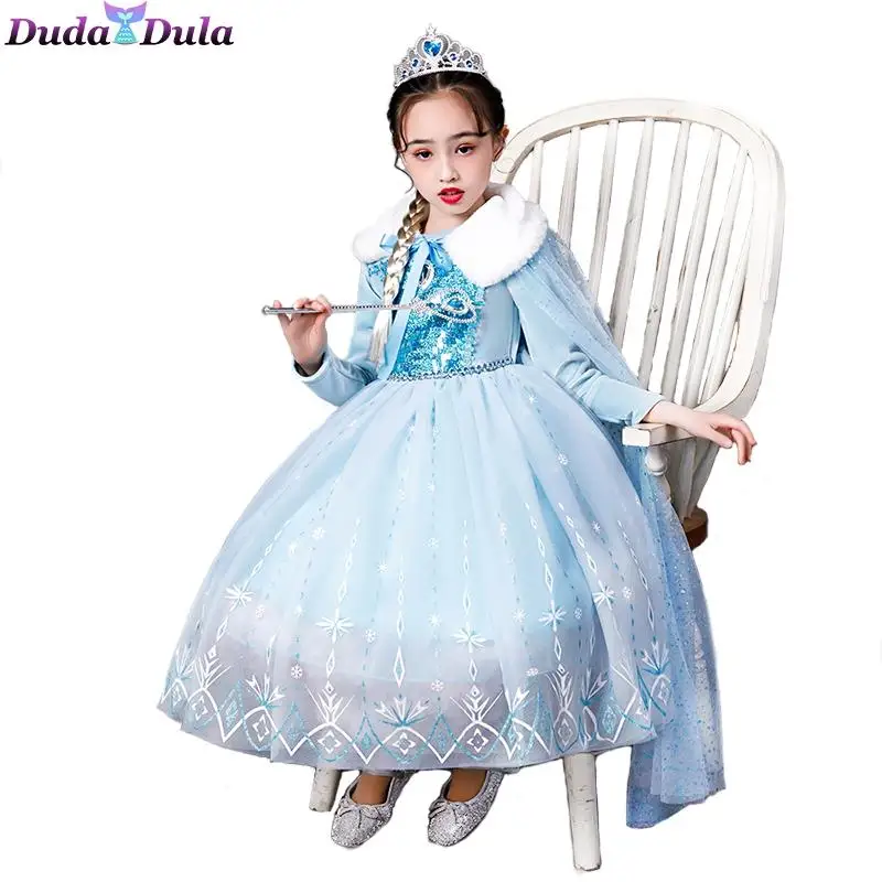 

Snow Queen 2 Dress For Girls Princess Christmas Cosplay Dress Birthday Party Girls Velvet Thicken Long Sleeves Gown With Cloak