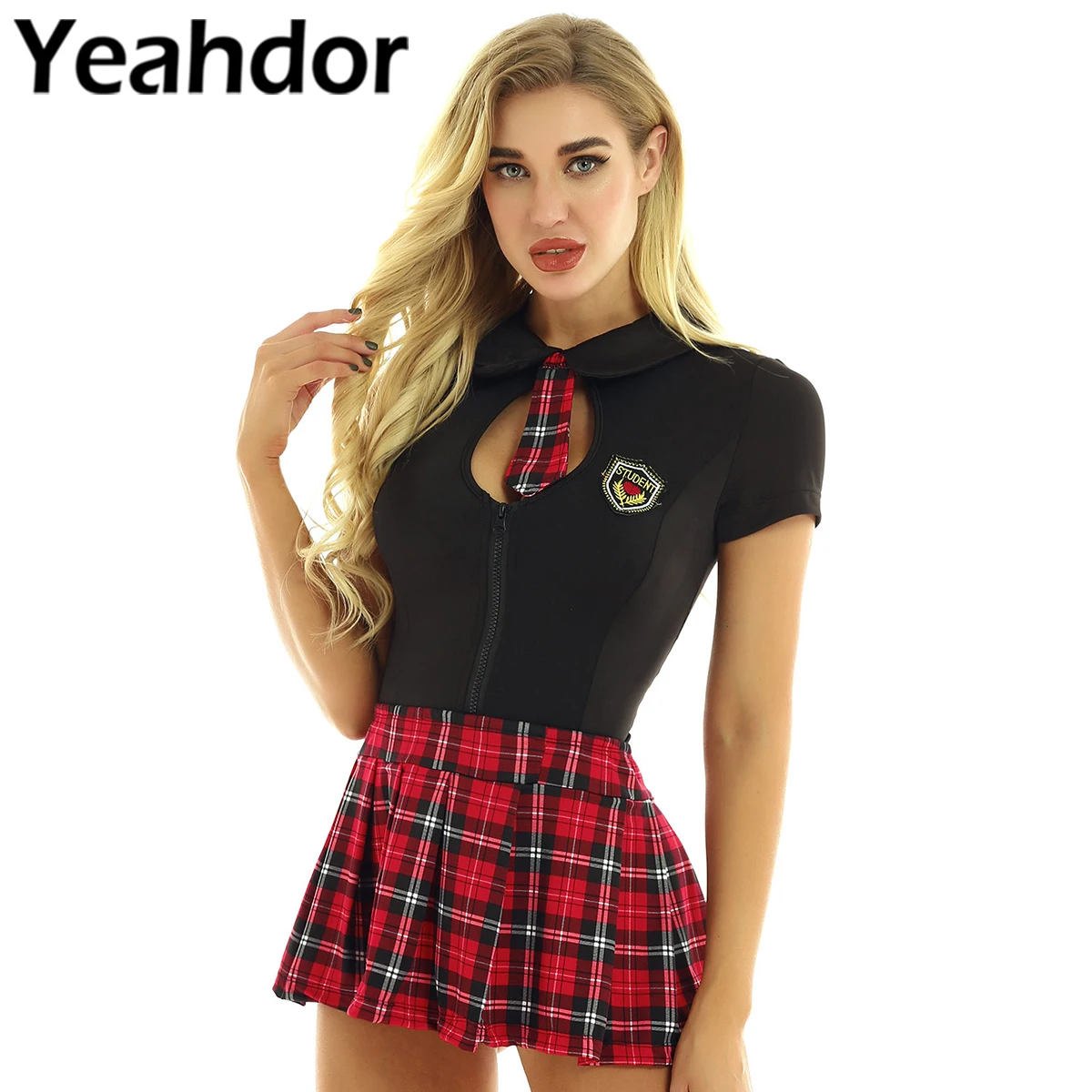 

Women Adults School Students Cosplay Costume Outfit Short Sleeves Back Hollow Out Top Plaid Mini Skirt with G-string and Tie