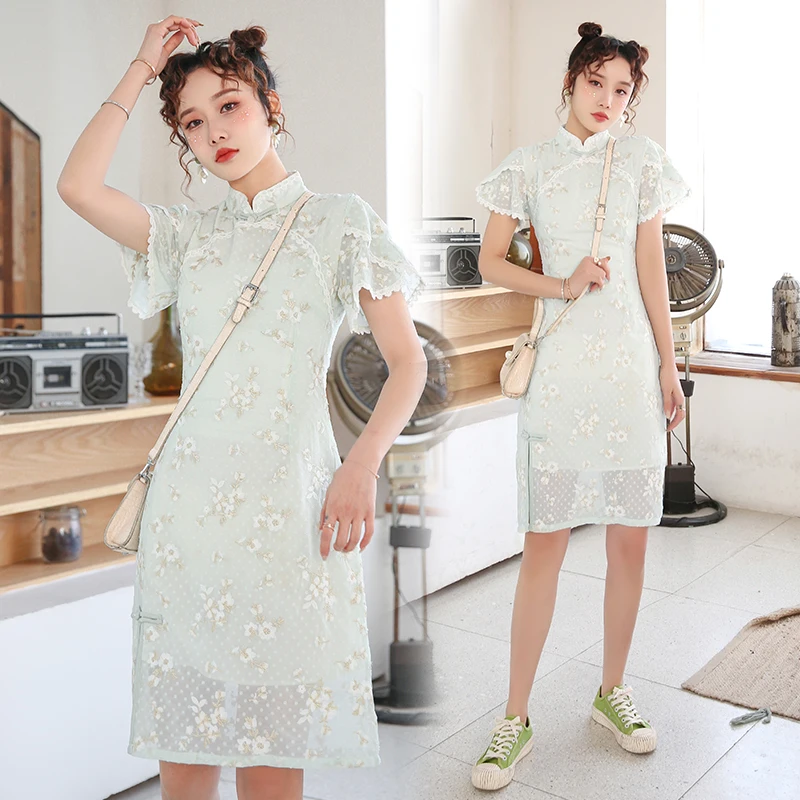 

Модифицированное женское платье-Ципао, Новая женская модная темпераментная шифоновая юбка с вышивкой и тонкой талией