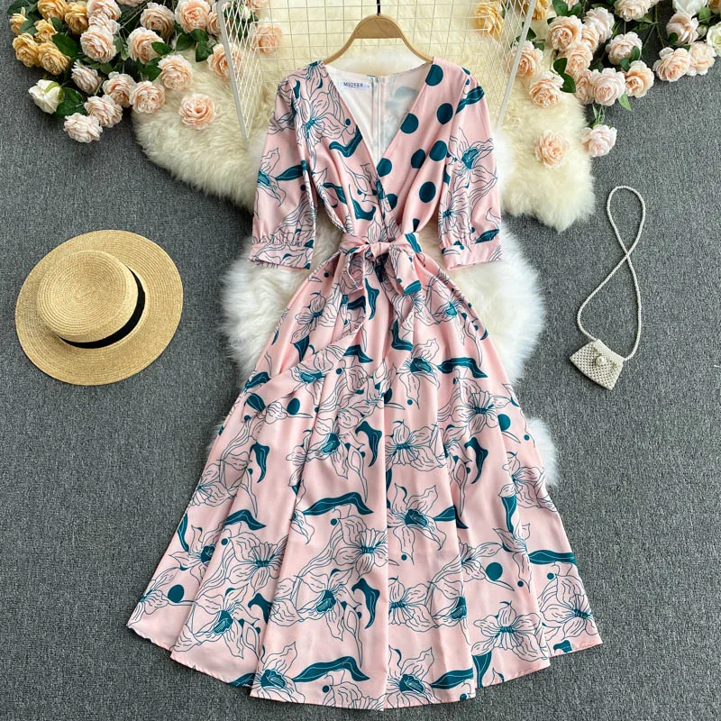 

FMFSSOM Summer Preppy Style Dot Long Dress Women V-Neck Belt Elastic Waist Three Quarter Sleeve Elegant White Lining Clothes