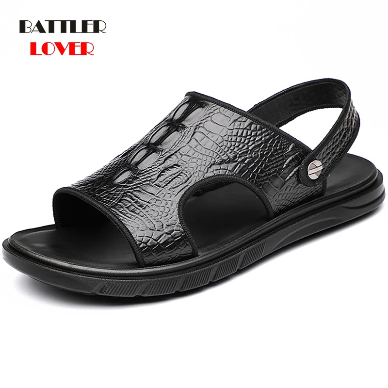 

Genuine Leather Sandals for Men 2021 New Summer Beach Cow Leather Slippers Male Outdoor Sandalies Crocodile Pattern Flip Flops