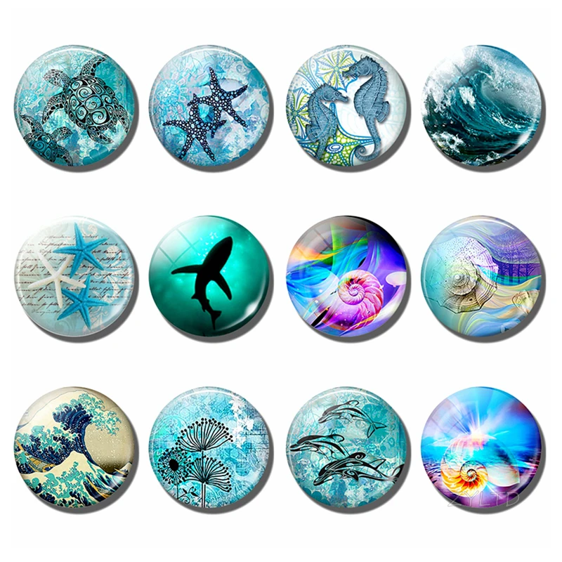

Ocean Sea Turtle Fridge Magnet Glass Cabochon Refrigerator Magnets Starfish Seahorse Conch Wave Fridge Sticker Animal Home Decor