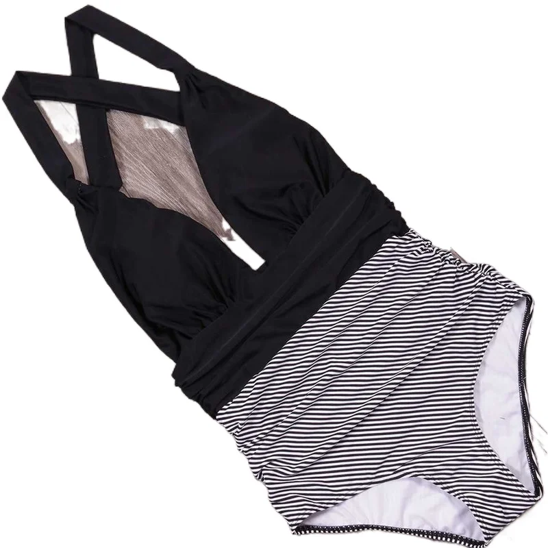 

2021 Fashion New Stitching One-Piece Check Stripe Swimsuit Halter Lace Sexy One-Piece Swimsuit Women