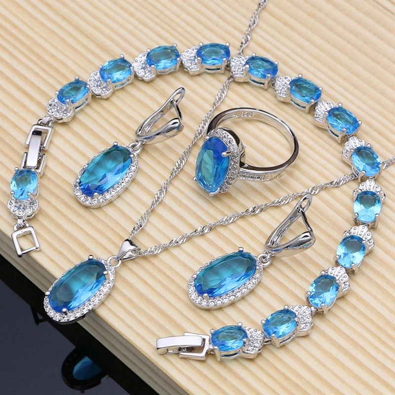 

Women Earring Pendant Necklace Ring Tennis Bracelet Jewelry Set Sky Blue Crystal Wedding Fashion Gift Jewelry