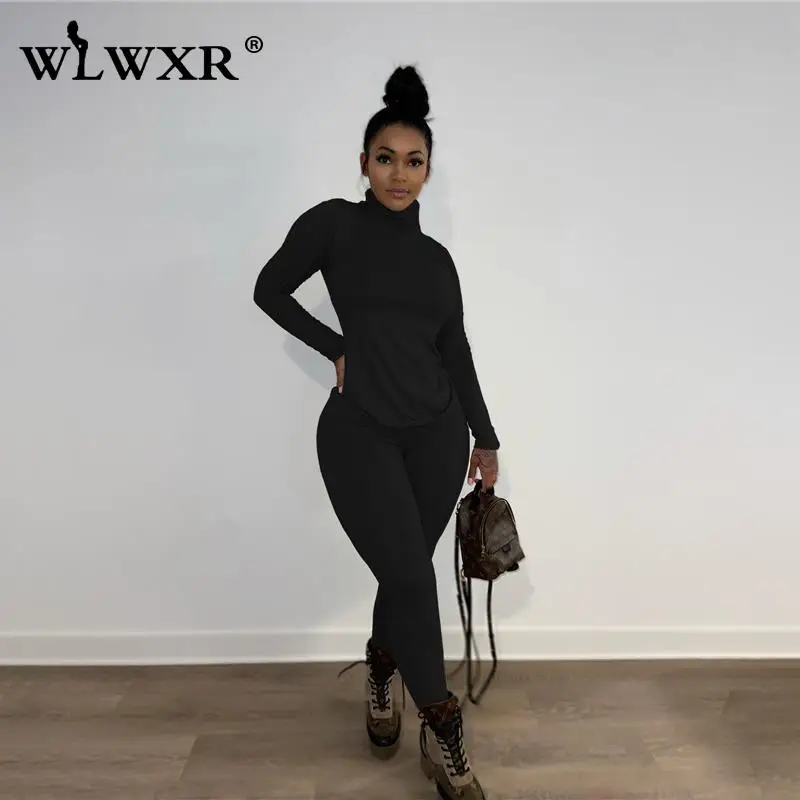 

WLWXR осенние черные базовые комплекты из 2 предметов, Женская водолазка, длинные брюки, костюмы, женские подходящие комплекты