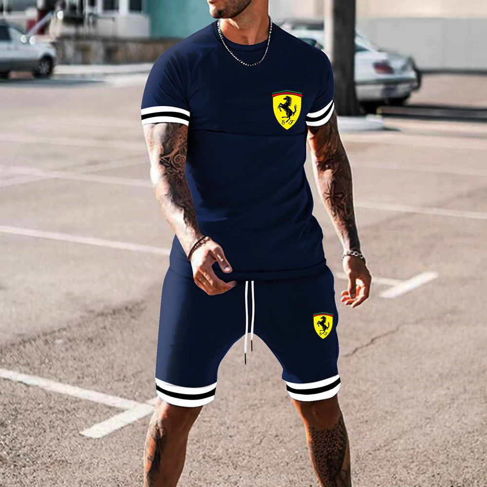 

Summer New Solid Color Printing Casual Sportswear Jogging Loose Short-Sleeved Men's T-shirt + Shorts Quick-Drying 2-Piece Set