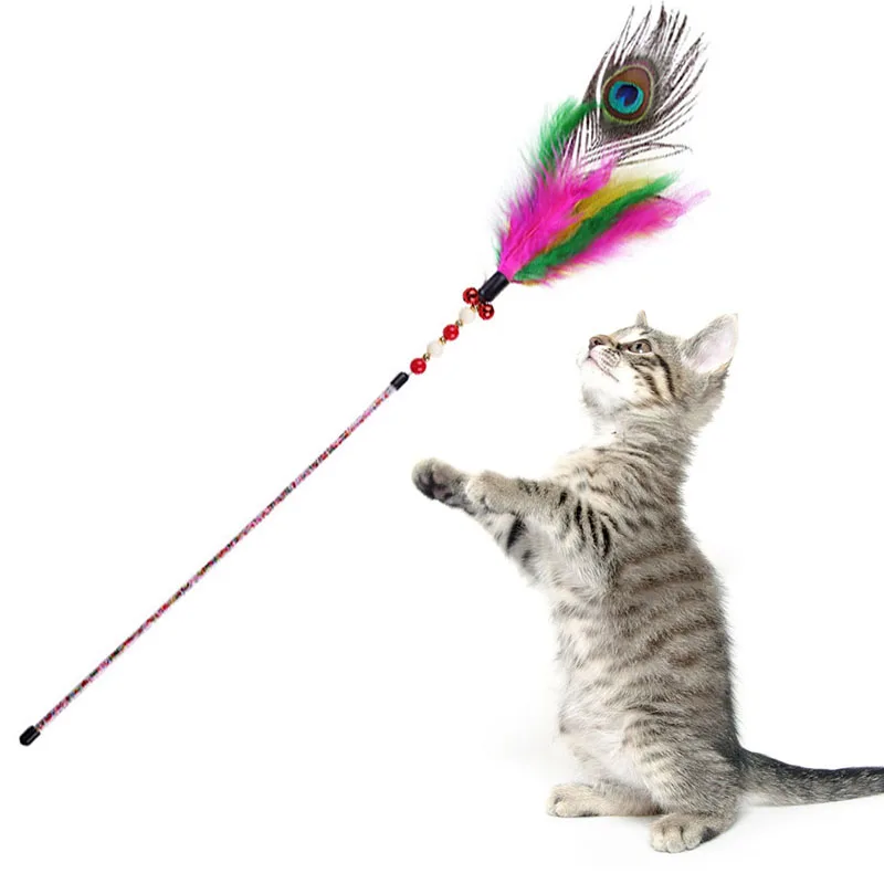 

Cat Toys Feather Wand Kitten Cat Teaser Turkey Feather Interactive Stick Toy Wire Chaser Wand Toy Random Color