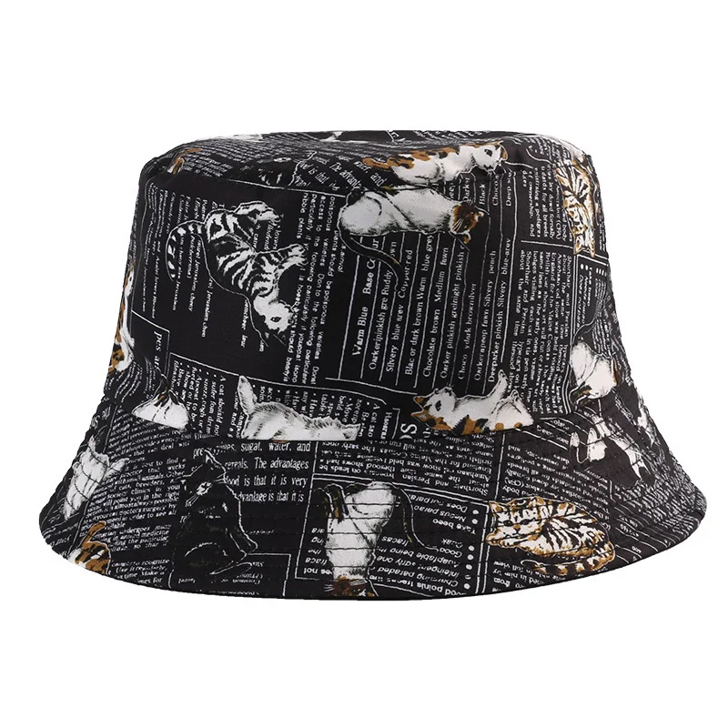 

2021 New Kitten Print Graffiti Bucket Hats Female Spring Summer Gorro Pescador Men Women Double-Sided Fisherman Cap Visor Bonnet