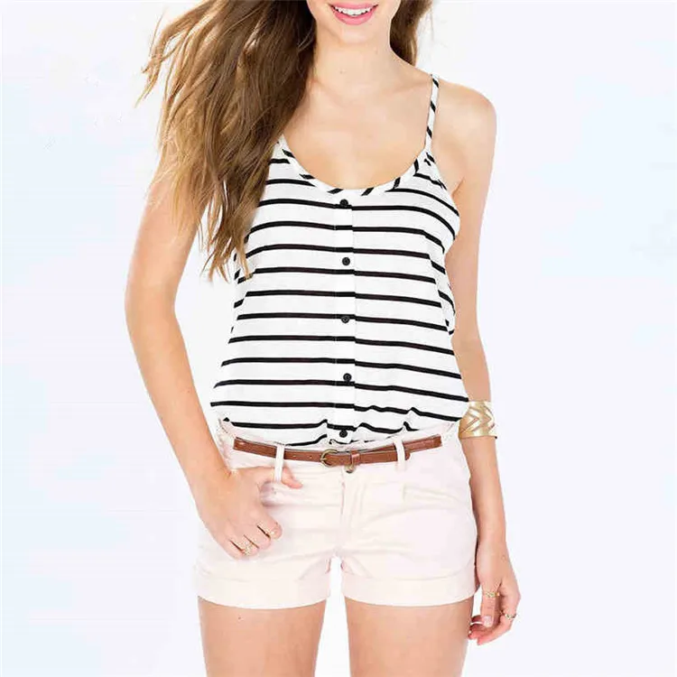 

2020 new tops women Black and white contrasting striped button down sexy V-neck I-shaped backless dovetail vest