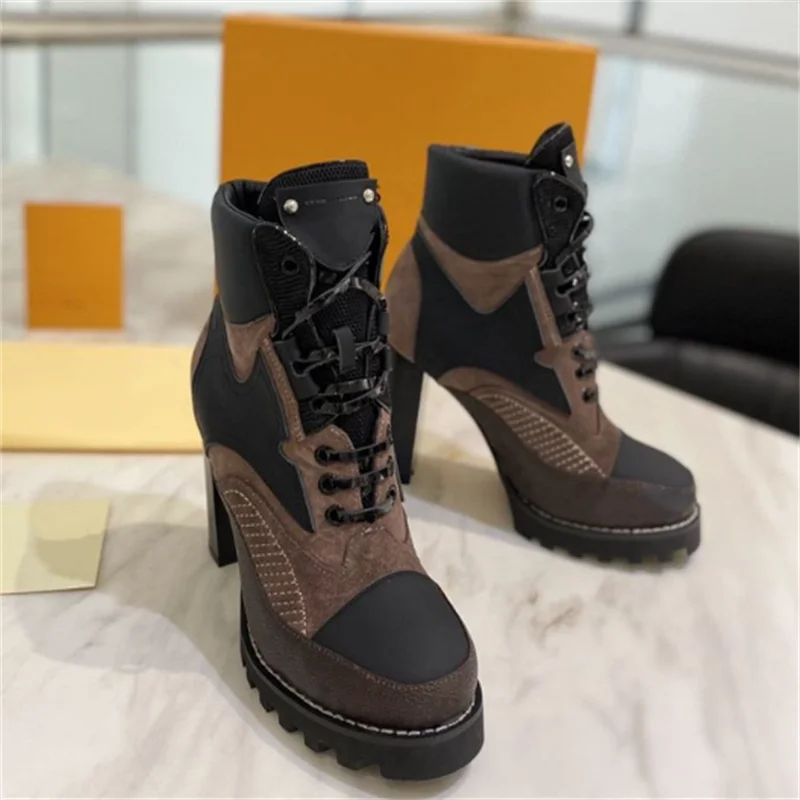 

High Heel Boots Thick Sole Genuine Leather Bottine Femme Fashion Bottes Combat Female Shoes Luxury Brand Designer Botas De Mujer