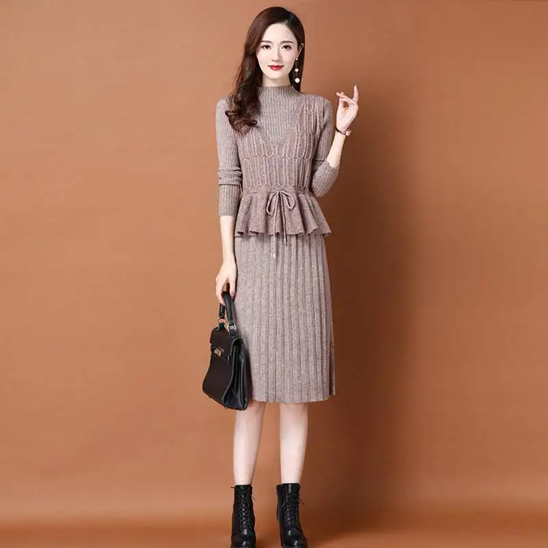 

Autumn and Winter 2021 Woman New Style Round Collar Slim Long Sleeve Dresses Female Solid Fashion Knitted Two Pieces Sets Q97