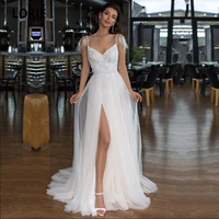 2021 sexy wedding dresses with slit v neck bridal dresses sleeveless backless robe de mariage tulle vestidos de noiva