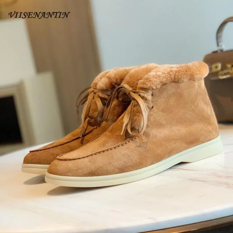 

Wool Warm Women Shoes Round Toe Kid Suede Retro Shoes Luxury Fur Loafers Casual Kidsuede Dress Shoes Short Bota Lace Up Shoe