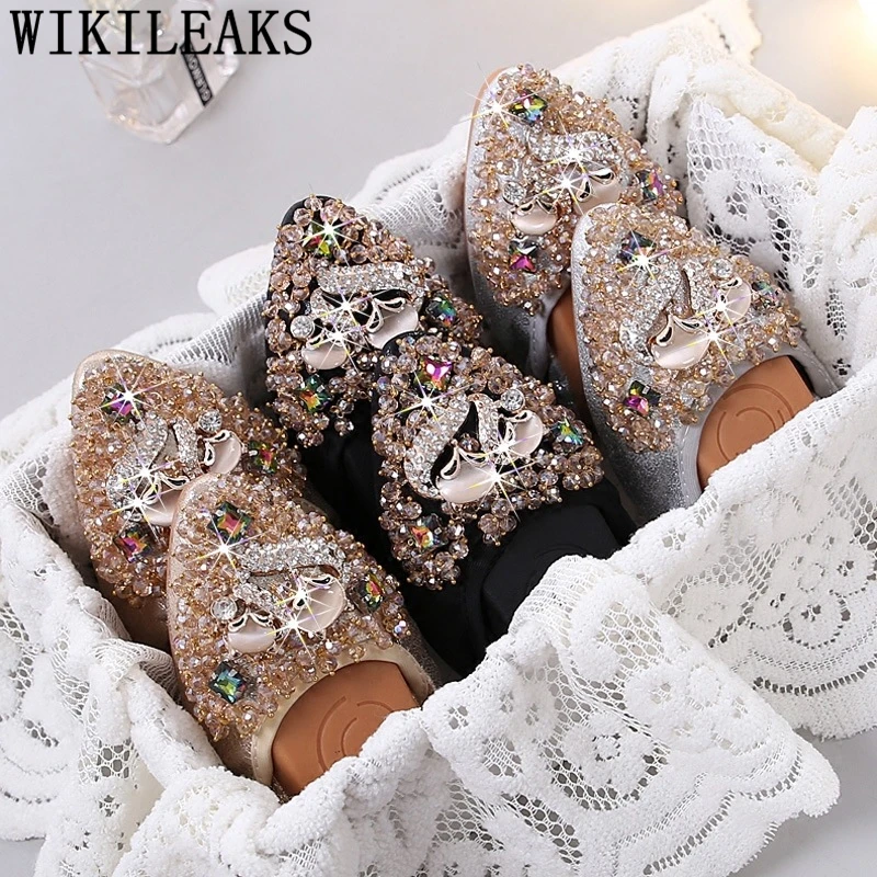 Туфли на плоской подошве Женские слипоны Черные туфли Размера плюс стразы Модные