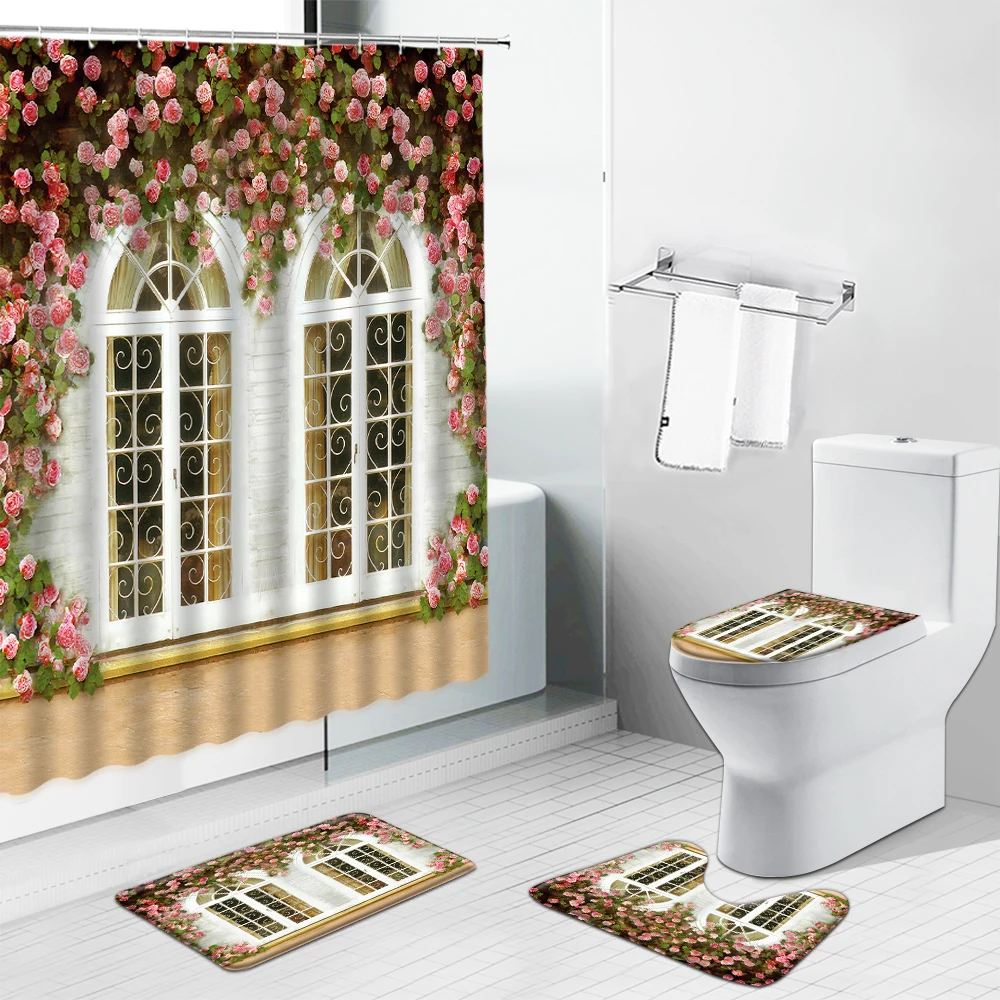 

Cactus Flower Tropical Plant Shower Curtains Set Tulip Rose Floral Scenery Bathroom Curtain Toilet Lid Cover Mat Carpet Non-Slip