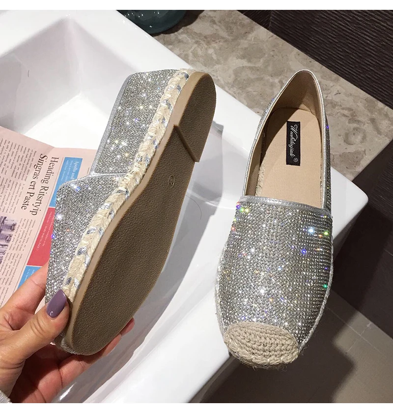 Fashion Hemp Loafers Women Espadrilles Flats Shoes Sewing Rhinestone Round Toe Ladies Casual Moccasins Slip On Brand Style New