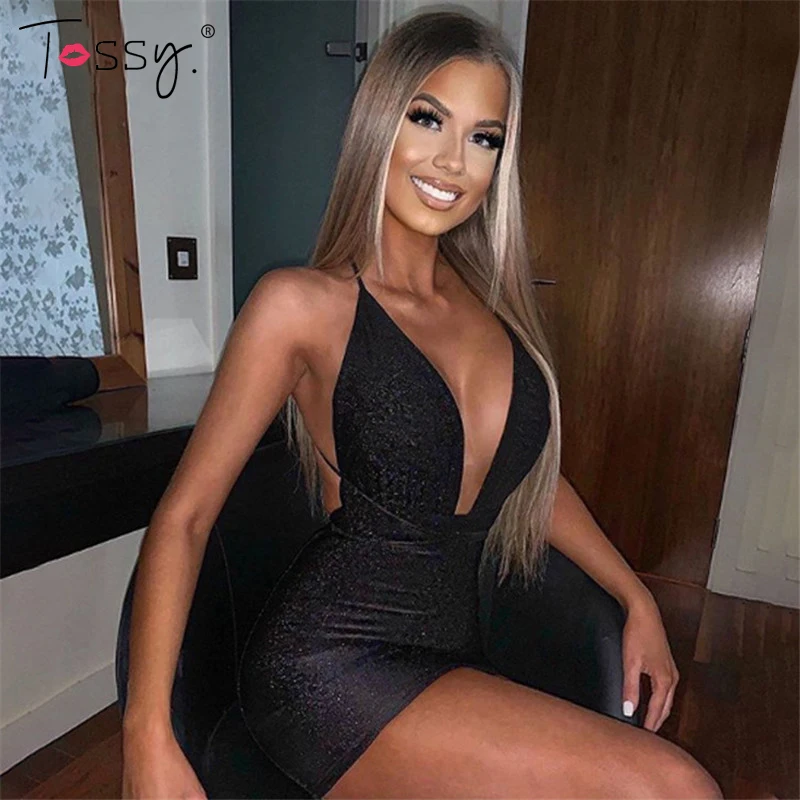 Женское блестящее мини-платье с открытой спиной на тонких бретельках | Женская