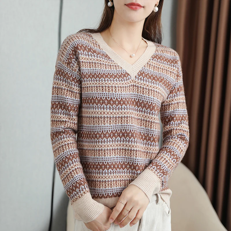 

MeetMetro Women Sweater 100% Wool Pullover Women V-Neck Jumpers Winter Wool Knitted Sweaters Striped Long Sleeve Vintage Sweater