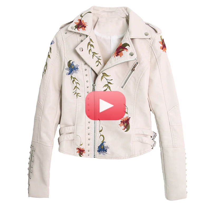 Women Floral Print Embroidery Faux Soft Leather Jacket Coat  Turn-down Collar Casual Pu Motorcycle Black Punk Outerwear