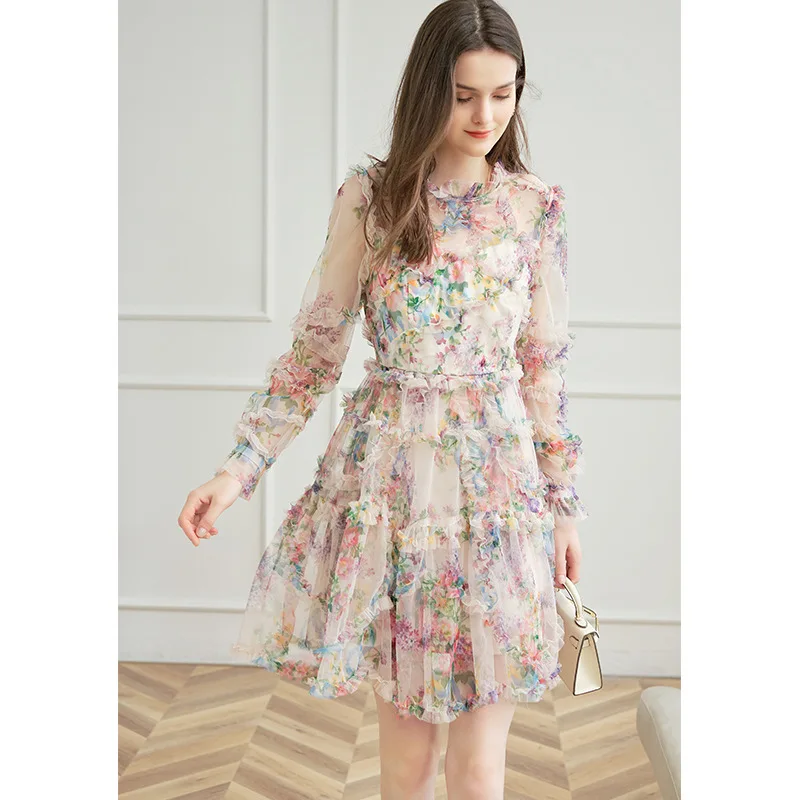 

Женское роскошное Брендовое дизайнерское Сетчатое платье весна-лето 2021, дизайнерское платье мини с длинным рукавом и оборками на воротнике...