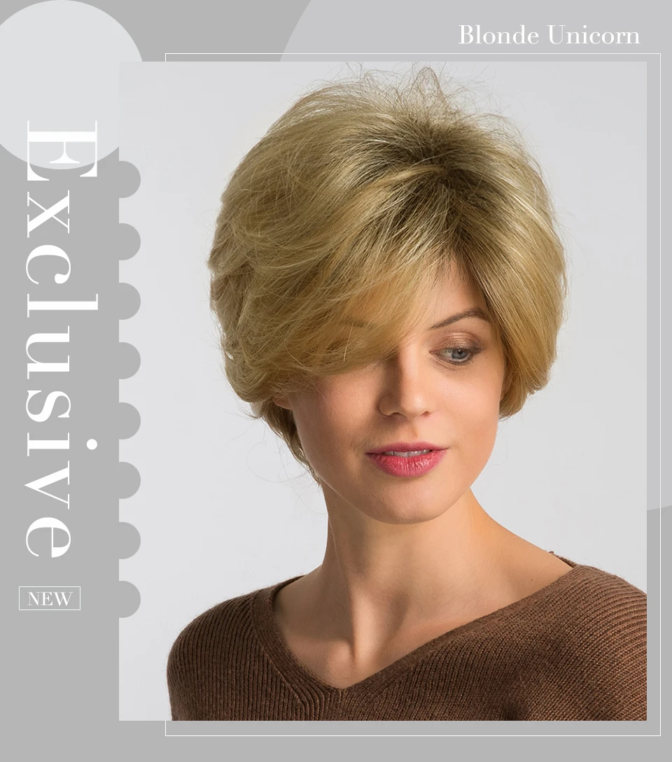 Blonde Unicorn 8 Inch Synthetic Pixie Cut Women Wigs with Natural Bang Fluffy Straight 50% Human Hair Light Brown Short Hair Wig