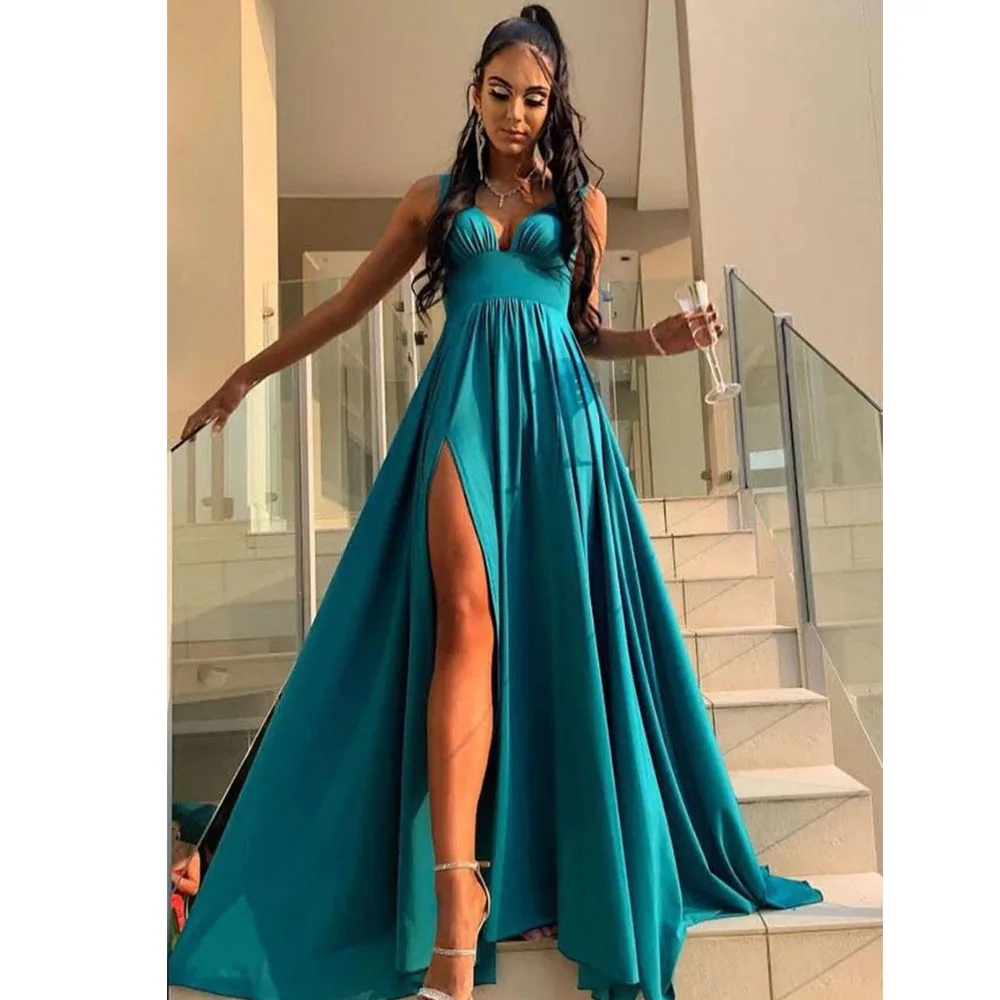 

Sexy Split Evening Dresses Long 2021 Women Satin A-Line V-Neck Eleglant Prom Gowns Plus Size Custom High Quality robes de soirée