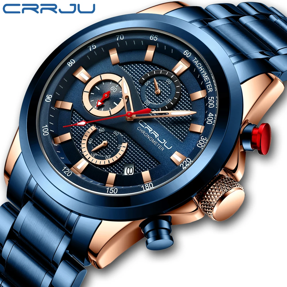 

CRRJU Бизнес Мужские часы водонепроницаемые кварцевые наручные часы из нержавеющей стали роскошные часы мужские часы с хронографом Relogio Masculino