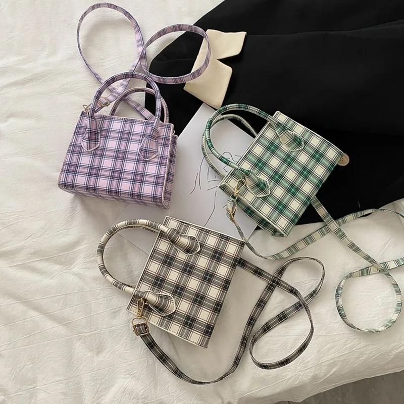 Bolso cruzado peque&ntilde;o a cuadros para mujer, bandolera de piel sint&eacute;tica de Color s&oacute;lido, para verano, 2020-4