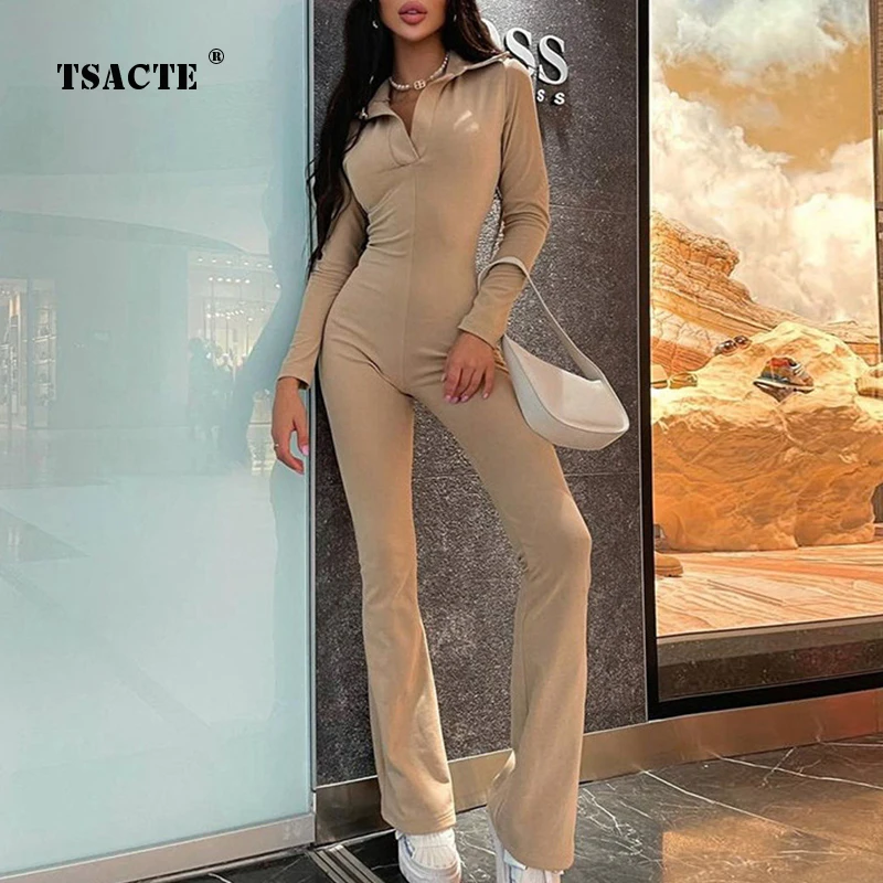 

Новый Зимний Модный облегающий костюм с отложным воротником и длинными рукавами, повседневный комбинезон с широкими штанинами, костюм с V-о...