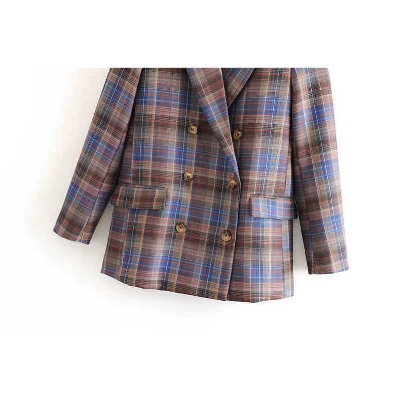 

Blazer Coat Women Vintage Stylish Double Breasted Plaid Fashion Long Sleeve Pockets Office Wear Female New Outerwear Chic Tops