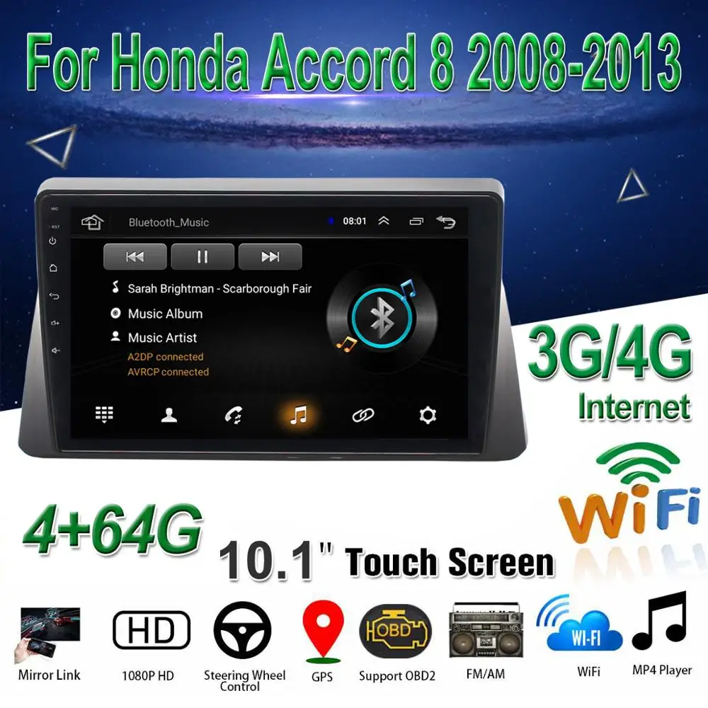 

Car Multimedia Player 10.1 inch Android 9.1 Car DVD Player with GPS BT WiFi/3G/4G OBD2 DAB+ DVR for Honda Accord 8 2008-2013