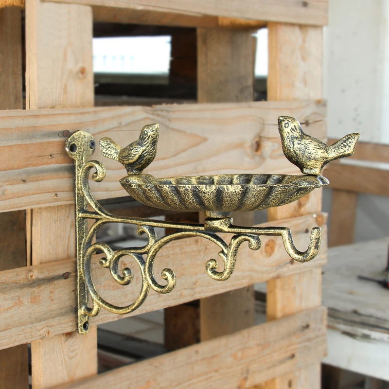 

Retro Gold Wall Mounted Cast Iron Bird Bath With Hook For Hanging Flower Basket Or Candle Lantern Handmade Lovely Metal Feeder