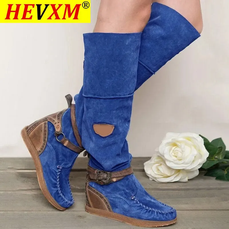 

2020 Shoes Women Knee High Boots Fashion Flock Buckle Stylish Ethnic Platform Boot Winter Snow Boots Warm Long Boots Lady Shoes