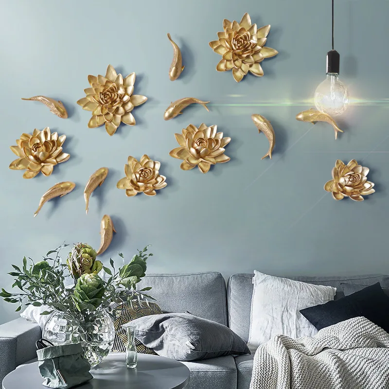 

Домашний декор 3D Изделия из смолы цветы искусство настенные подвесные украшения Decoracion Habitacion Творческий пион лотоса настенный стикер рыбка