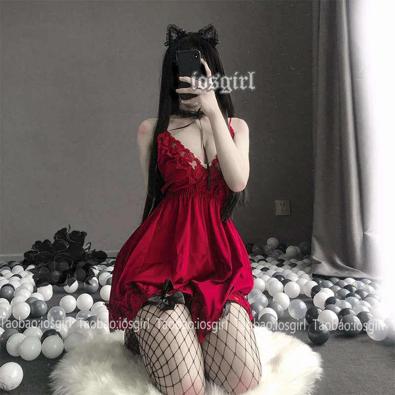 

Sexy Lingerie Women Night Gown Eyelash Lace Satin Backless Sling Strap Nightdress Nightwear Home Night Dress Sleepwear Set