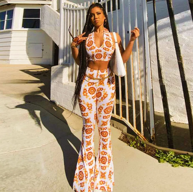 

2021 Women's Set TWO Piece Suits Elegant Tank Tops And Long Pants Streetwear Tie Dye Printed Flared For Female Summer