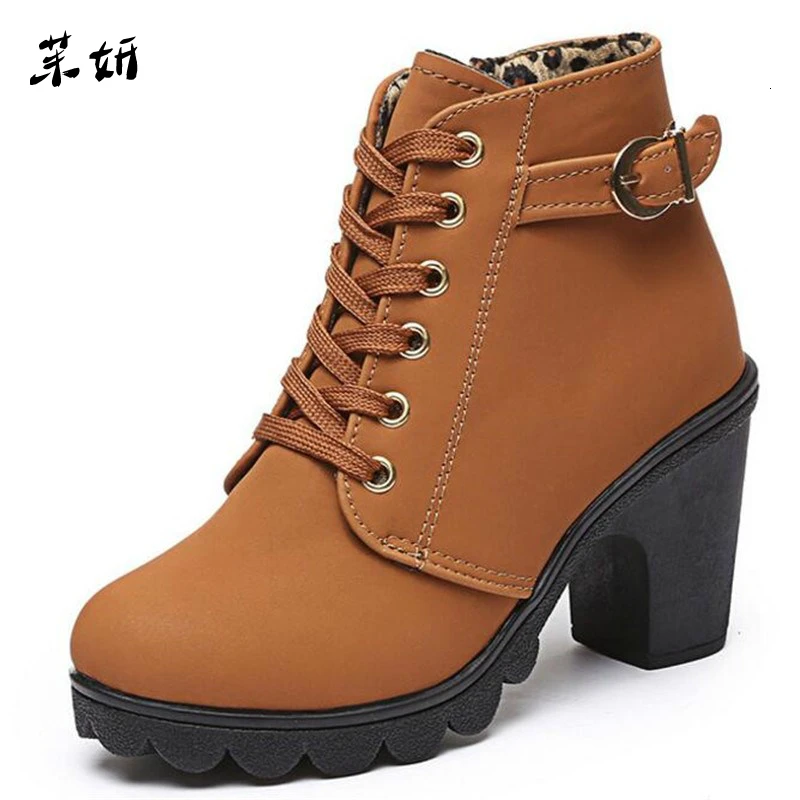 

Size 41 New Autumn Winter Women Boots High Quality Solid Lace-up European Ladies shoes PU Fashion high heels Boots