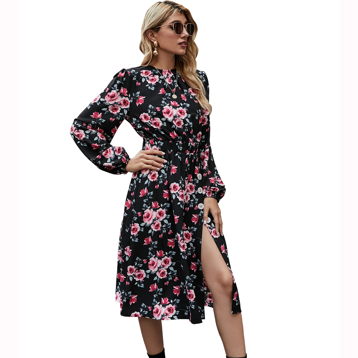 

ashion O neck floral Print slit dress Beach boho vintage dress for women summer V-neck Sexy midi Party dress women vestidos
