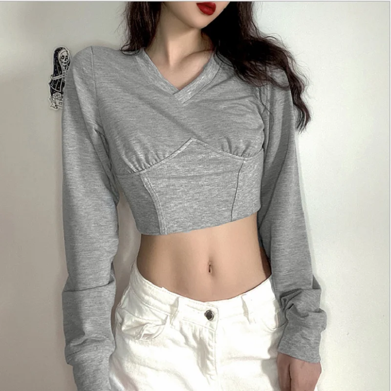 

European and American autumn fashion women's wear new long sleeve V collar crop navel slimming body show thin and simple joker b