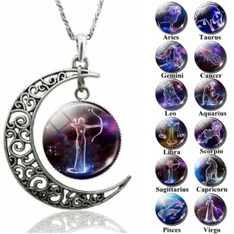

New 12 Constellation Moon Necklace Starry Sky Animal Necklace Time Gem Pendant Necklace