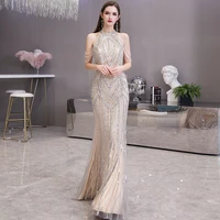 luxurious crystal beaded evening dresses halter neck sleeveless trumpet evening party gown dresses woman party night