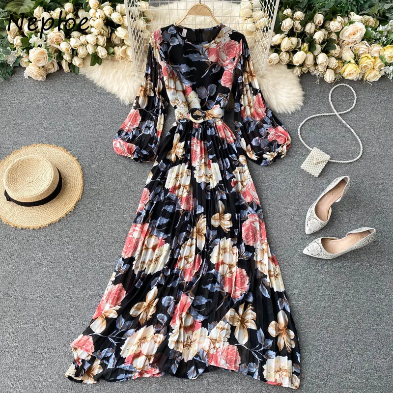 

Neploe O Neck Pullover Long Sleeve Dress Women High Waist Hip A Line Draped Vestidos Holiday Bohemian Print Robe Spring New