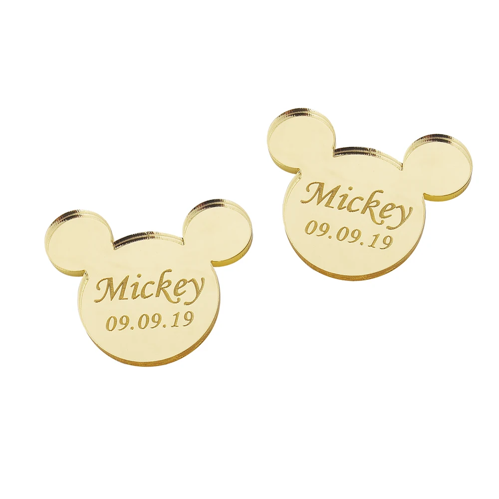 Style4 Gold 12 шт. персонализированные гравированное зеркало Микки Маус надписи имя карты метки ребенок душ украшение для вечеринки в день рождения 40 мм без отверстия - Цвет: Style4 Gold