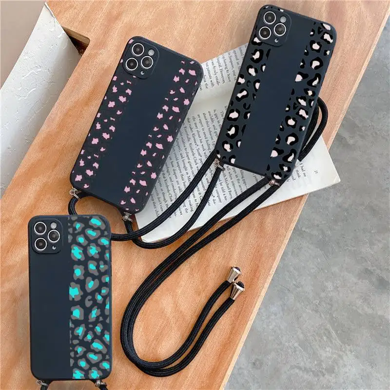 

Leopard Print Colorful Phone Case For iPhone 7 8 11 12 X XS XR MINI Pro Max Plus Strap Cord Chain Lanyard soft