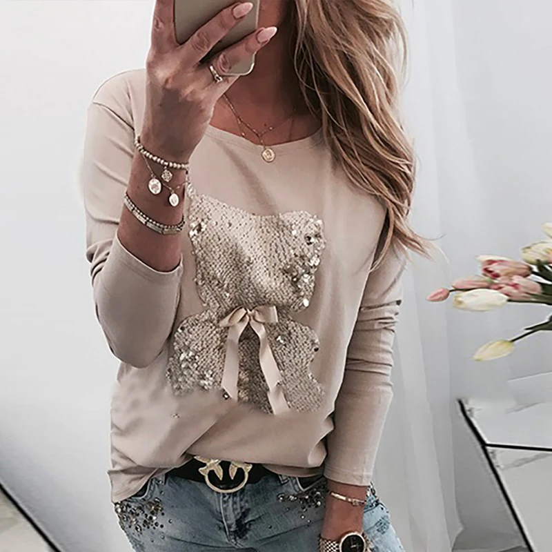 Women Sequins Lips Print Fashionable Sweatshirt Autumn Leopard Long Sleeve Beading Hoodie Lady O-neck Kawaii Sweatshirt Hoodies