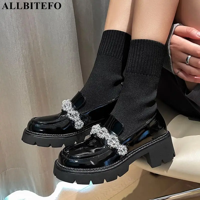

ALLBITEFO Beautiful ribbon Waterproof shoes genuine leather women motocycle boots fashion high heel shoes ankle boots woman